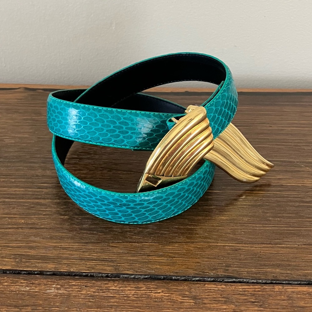 Liz Claiborne Teal Snakeskin-Pattern Belt with Gold Wing Buckle